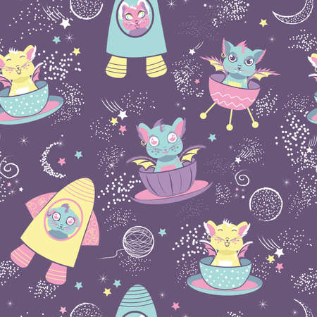 Childish seamless pattern with alien cats. Trendy baby texture.のイラスト素材
