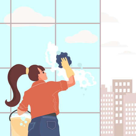The girl cleaning windows skyscrapers. Cleaning company. Template for postcard or for banner. Blank...