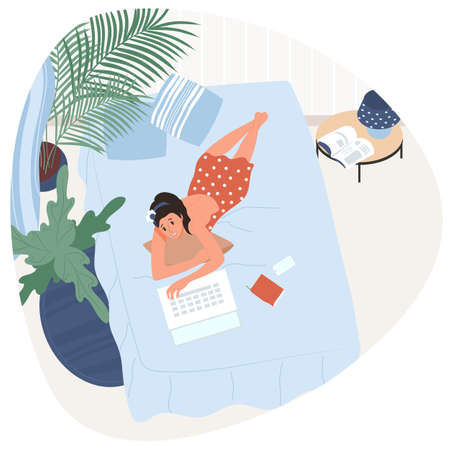 Funny girl or woman work at home on the bedroom. Freelancer working from home at relaxed pace, convenient workplace. Colorful vector illustration in flat cartoon style.のイラスト素材