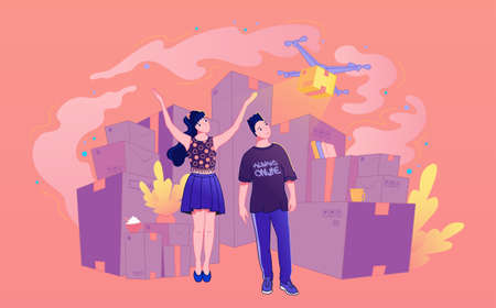 Drone package delivery service with young woman and men waiting for parcel from online store on...