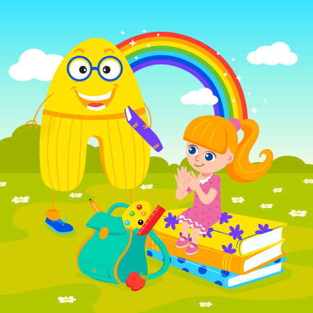 Back to school vector illustration. Bright multicolored letter "A" with eyes. Little girl getting ready for school, kindergarten. Education Concept.のイラスト素材