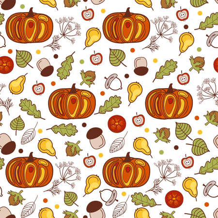 Autumn seamless pattern with leaves, mushrooms, vegetables, fruits and bright pumpkins. Fall season illustration. Organic background.のイラスト素材