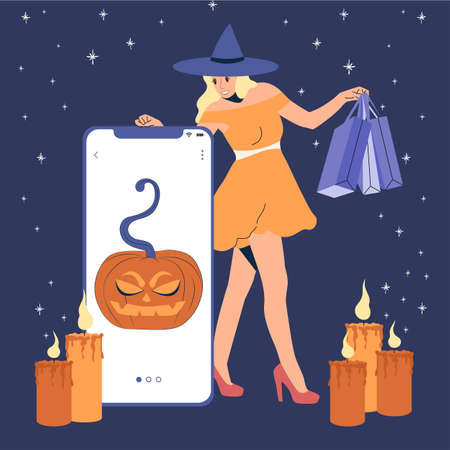 Halloween Online shopping concept, digital marketing on mobile application. A woman in a witch costume is preparing for the holiday. Halloween sale banner.のイラスト素材