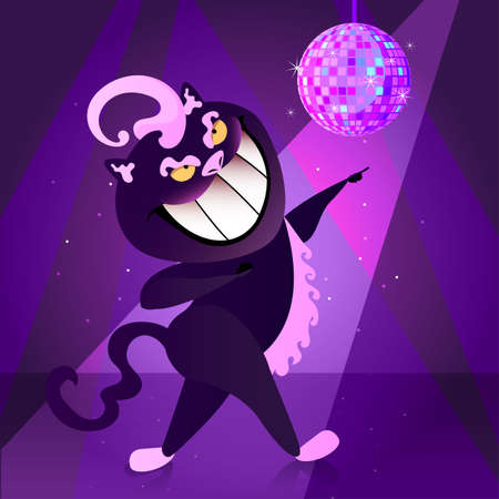 Halloween background. Smug black cat dancing. Postcard, poster, flyer and greeting card concept.のイラスト素材