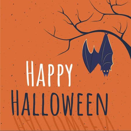 Postcard on Halloween template with leafless twigs of trees and bat.