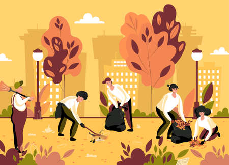 Volunteer team of young people are sweeping and cleaning garbage of city autumn park. Altruistic person clean up environment from waste. Vector flat illustration.のイラスト素材