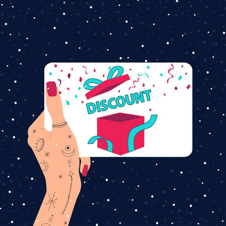 Discount coupons in hand with tattoos. Special offer on Christmas. Vector illustration.のイラスト素材