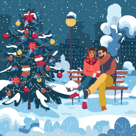 Young romantic couple is hugging outdoors in winter before New Year. Spend time in the park by the Christmas tree. Snow background. Cute vector illustration.のイラスト素材