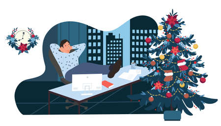 A break during work. Festive background, preparation for Christmas and New Year in the business space. Office worker at the table. Flat vector illustrationのイラスト素材