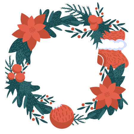 Christmas wreath, evergreen branches, red poinsettia, and pine, berries and ball. Vector illustrationのイラスト素材