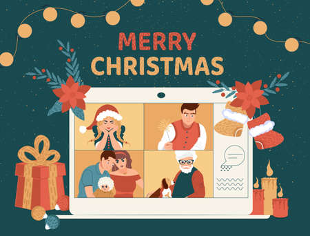 Celebrating Christmas and New Year online. People in costumes on laptop during video call. The family got together. Flat vector illustration.のイラスト素材
