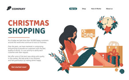 Website or landing page of happy women making online shopping for Christmas and New Year holidays. Trendy illustration for holiday offer banner. Vector.のイラスト素材