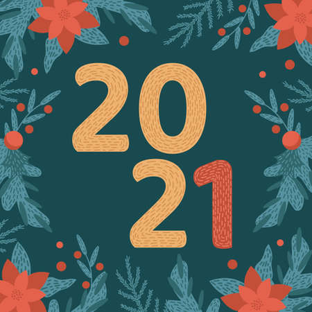 Postcard Happy New Year 2021. Christmas decorations, red poinsettia, pine and berries. Vector illustration on dark green background.のイラスト素材