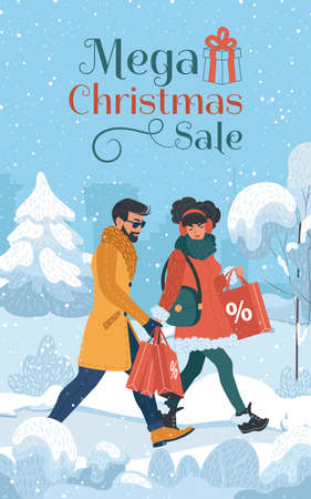 Christmas shopping together. Banner with young happy couple doing for the New Year shopping. Men and women are buying gifts with big sale. Vector illustration.のイラスト素材