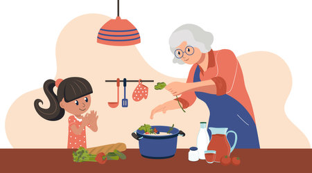Grandmother and granddaughter spend time together in the kitchen. The child is on school holidays. Vector illustrationのイラスト素材