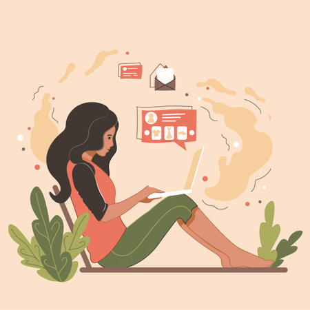 The girl sits at a laptop and makes purchases online. A young woman is texting, reading email. Trend vector illustrationのイラスト素材