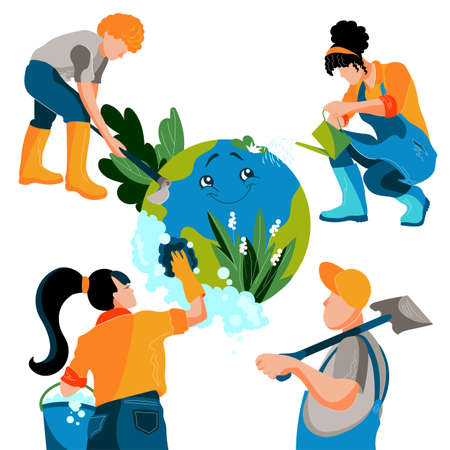 Group of people take care about ecology and saving Planet. Girls and men cleanse for the Earth and protect nature. Flat vector illustration.のイラスト素材