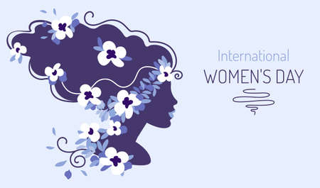 International womens day festive vector illustration. Silhouette of a girls head with hand drawn spring flowers and leaves. Horizontal format for a web banner or greeting card.のイラスト素材