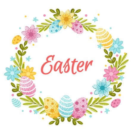 Happy Easter greeting card. Flowers, leaves and decorated eggs are arranged in a circle. Flat vector illustrationのイラスト素材