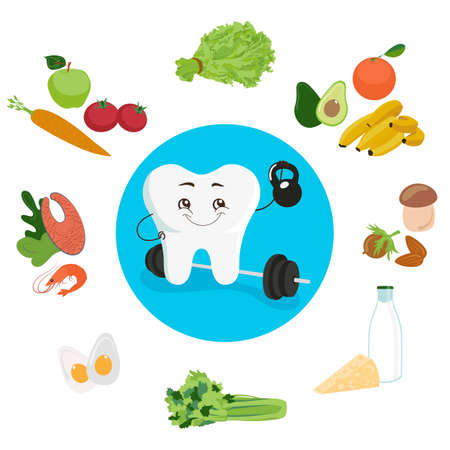 A cute strong healthy tooth is surrounded by wholesome food. A set of products for a dental diet. Flat vector illustrationのイラスト素材
