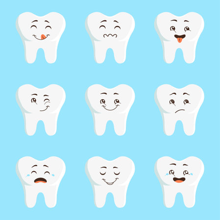 Cute teeth with different emotions set. Personage for children dentistry. Cartoon vector...