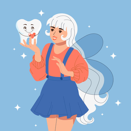 A cute tooth fairy is holding a cartoon happy tooth. Flat kids vector illustrationのイラスト素材