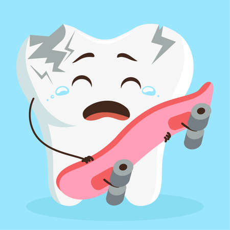 Cute cartoon character tooth broken, cracked. Flat vector illustration for kidsのイラスト素材