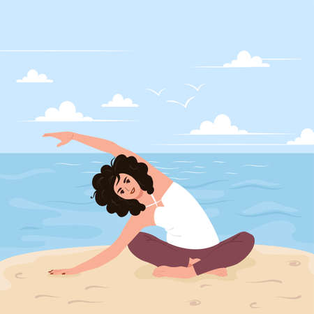 A woman practices yoga by the sea. The concept of relaxation, stretching and asana on vacation. Flat vector illustration.のイラスト素材