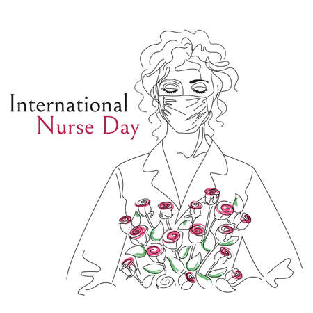 International Nurses Day greeting card or banner. A young woman medical professional holds a bouquet of roses in her hands. Vector line illustrationのイラスト素材