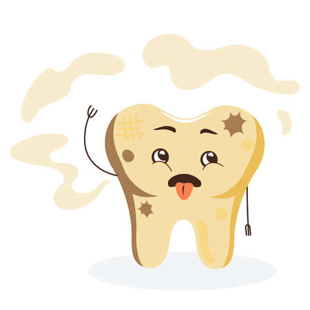 Cute cartoon character of smelly rotting tooth. Vector illustration for pediatric dentistry so that children do not forget to brush their teeth.のイラスト素材