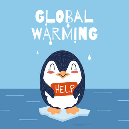 Global warming. A cute penguin is cryingのイラスト素材