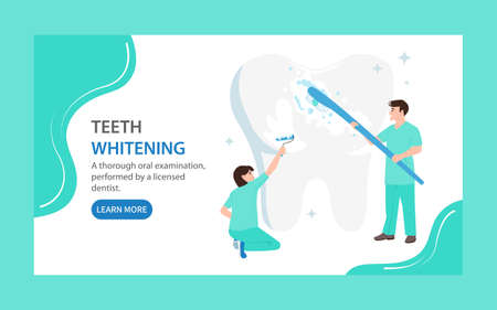 Teeth whitening landing page. Doctors clean and cover a large tooth with white varnish. Dental care concept.のイラスト素材