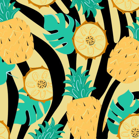 Summer pattern with zebra stripes, monstera and pineapple. Exotic background with leaves and fruit slices. Vector illustrationのイラスト素材