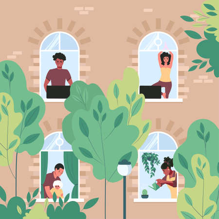 People work, do their daily activities, do yoga in the windows of a multi-storey building. Neighbors in their apartment. Spring outside the window. Flat vector illustrationのイラスト素材