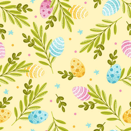 Easter seamless pattern with vector eggs and spring greens. For cover, wrapping paper, fabricのイラスト素材