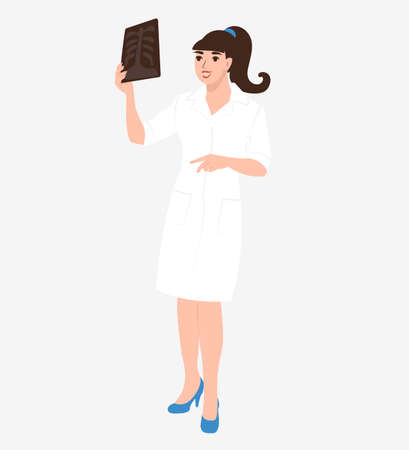 A nurse or doctor holds an x-ray in her hands. Isolated vector illustration of medical worker character.のイラスト素材