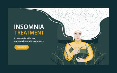 Landing page for a website for the treatment of insomnia. A young woman does not sleep well, without rest and in constant stress. Flat vector illustrationのイラスト素材