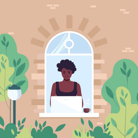 An African American girl works by the window behind a laptop. Flat vector illustration of woman freelancer or female student.のイラスト素材