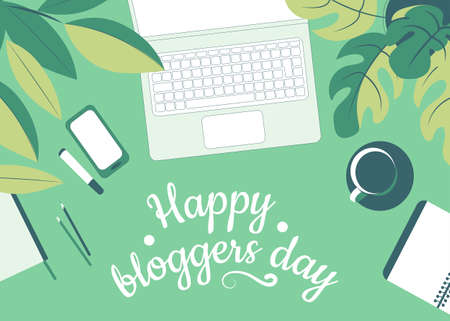 Happy blogger day. Work desk with laptop, mobile phone and work accessories among green foliage. Top view. Flat vectorのイラスト素材