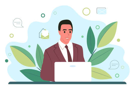 Young man works behind a laptop monitor. Businessman or account manager. Flat vector illustration.のイラスト素材