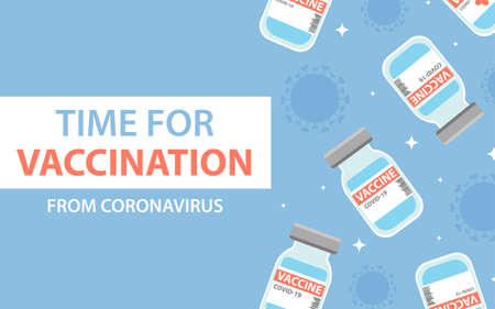Coronavirus vaccination banner. Flat vector illustration with vaccine bottle patternのイラスト素材