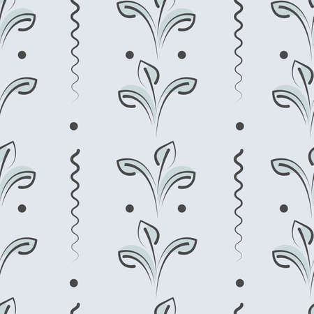 Seamless decorative pattern with elements of leaves, wavy lines and circles. Retro wallpaper. Flat vector background.のイラスト素材