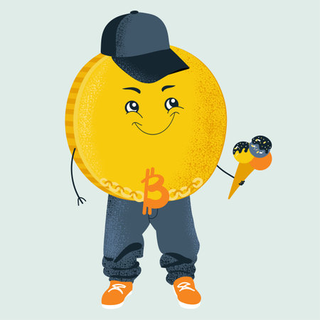 Cartoon cheerful bitcoin character. Youth hip hop coin with ice cream in hands on isolated white background. Flat vector illustrationのイラスト素材