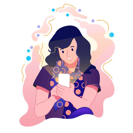 Social networks. Young woman messaging on smartphone. Girl use mobile phone, chatting and making Selfie. Flat vector isolated illustration.のイラスト素材