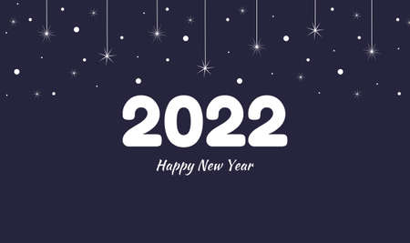 Postcard or banner Happy New Year 2022 in dark blue with garland, stars and snow. Vector festive background.のイラスト素材