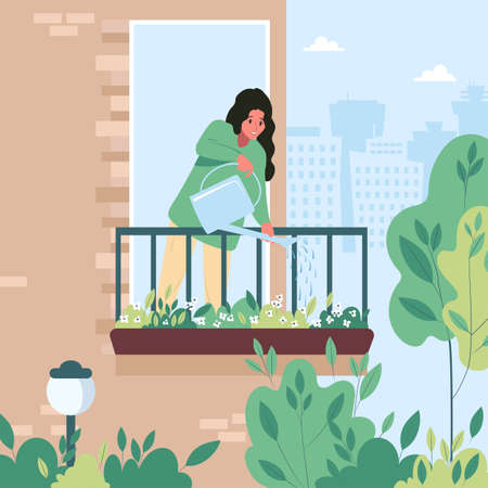 Young woman watering flowers on the balcony. Taking care of house plants. Flat vector illustrationのイラスト素材