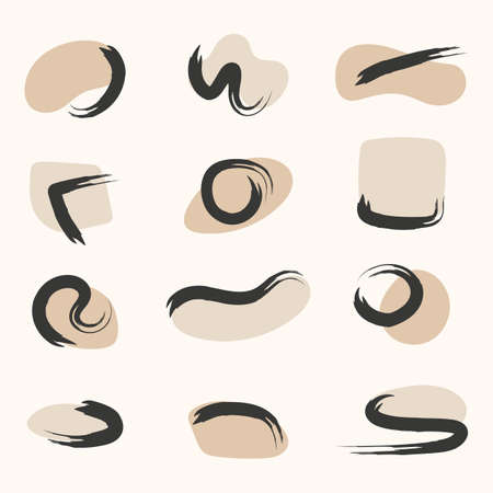 A set contemporary graphics shapes. Doodle abstract objects and trendy geometric round forms. Creative hand drawn scribbles primitive vector styleのイラスト素材