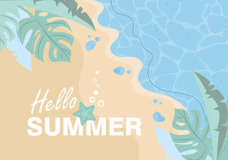 Hello summer. Top view of the seashore, beach with green palm leaves and ocean. Flat vector summer...