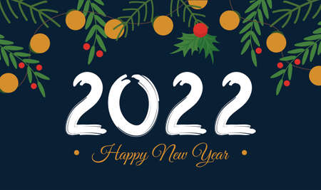 Happy new year 2022 banner or greeting horizontal card template. Cartoon flat vector style of festive christmas tree elements.のイラスト素材
