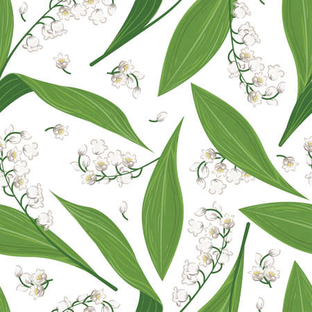 Seamless pattern of spring lily of the valley. Endless repeatable design background with plant blossoms white flowers. Vector illustration for wrapping.のイラスト素材